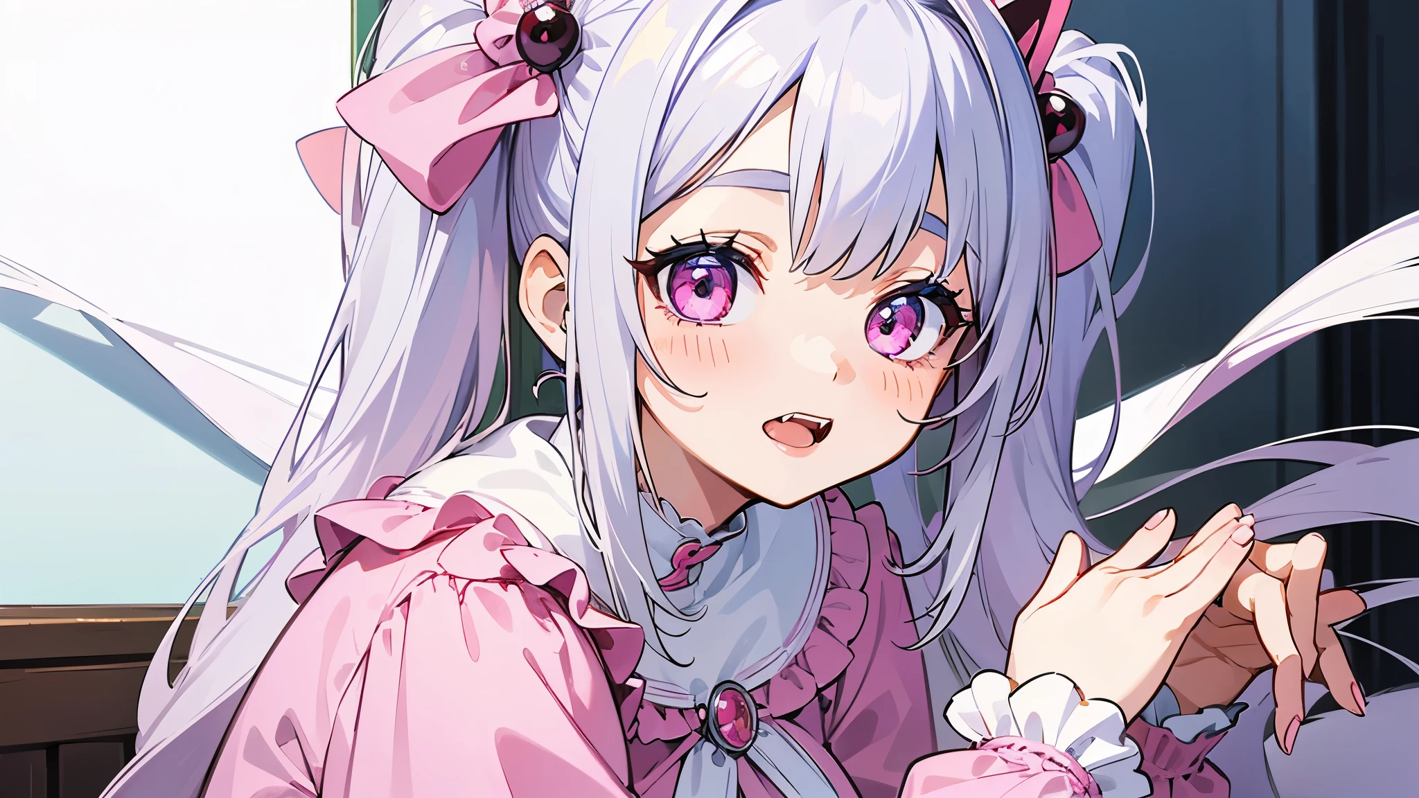 one girl, very beautiful face, beautiful eyes, detailed eyes, detailed face, detailed hair, masterpiece, anime girl, pink eyes, silver hair, , kawaii, two pony tails, hair pins, hair accessories, very young, big boobs, pixiv, illustration, very high quality, masterpiece, vampire teeth, fangs, pink cheeks, looks at you, sitting, very worried, vry sweet, very young, cute room