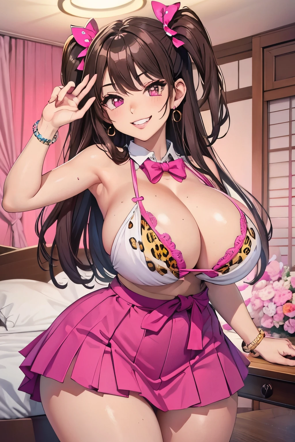 big lips, brown hair, pink eyes, japanese face, gyaru, two side up, huge breasts, wide hips, sexy, pink theme, kawaii, detailed, pink room, decora, bangs, grin, gyaru outfit, kawaii, pleated skirt, cleavage, huge boobs, gigantic boobs, dynamic pose, dynamic angle, evil grin, leopard prin