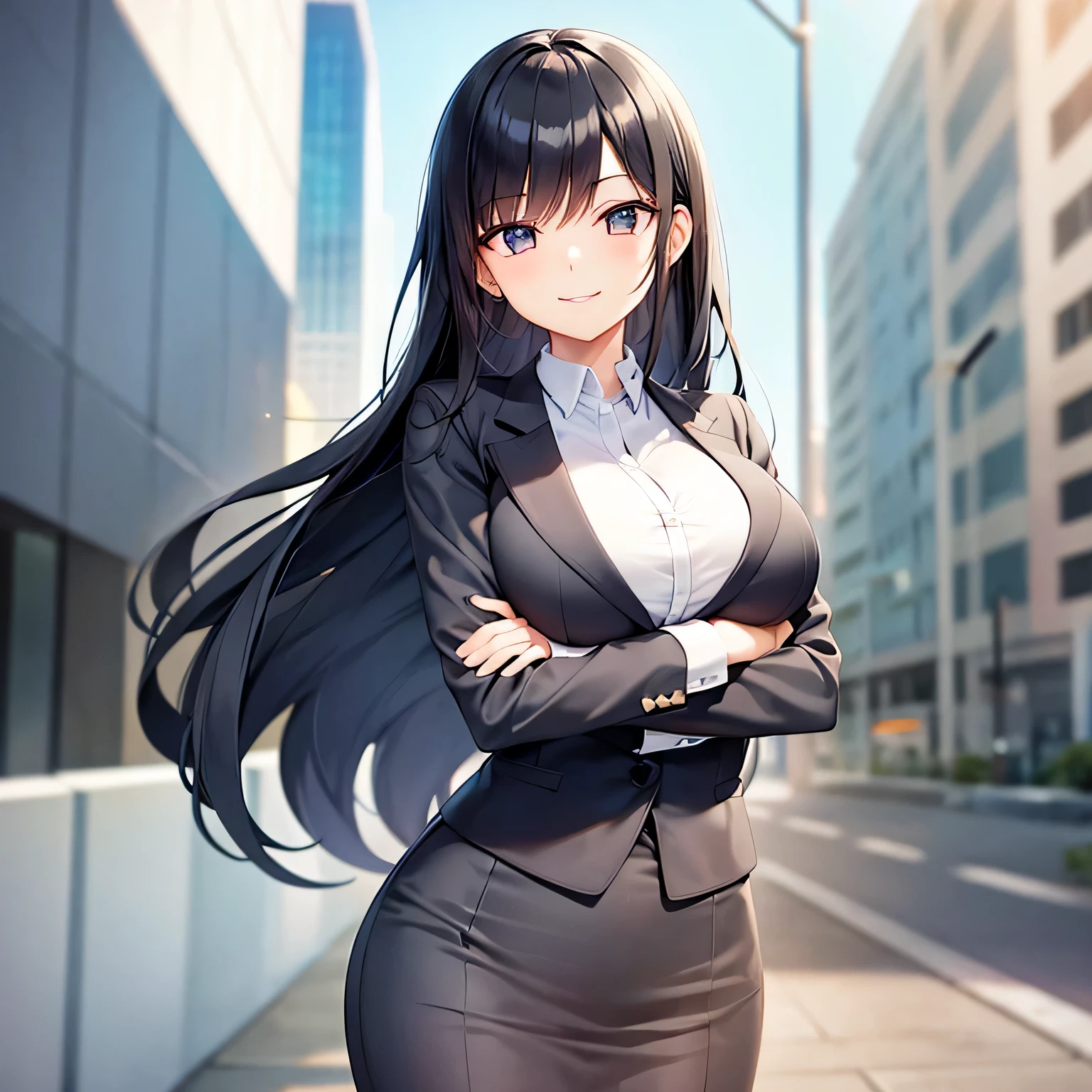 Business Girl, standing pose, smile, cute, Big eyes, black hair, fold your arms