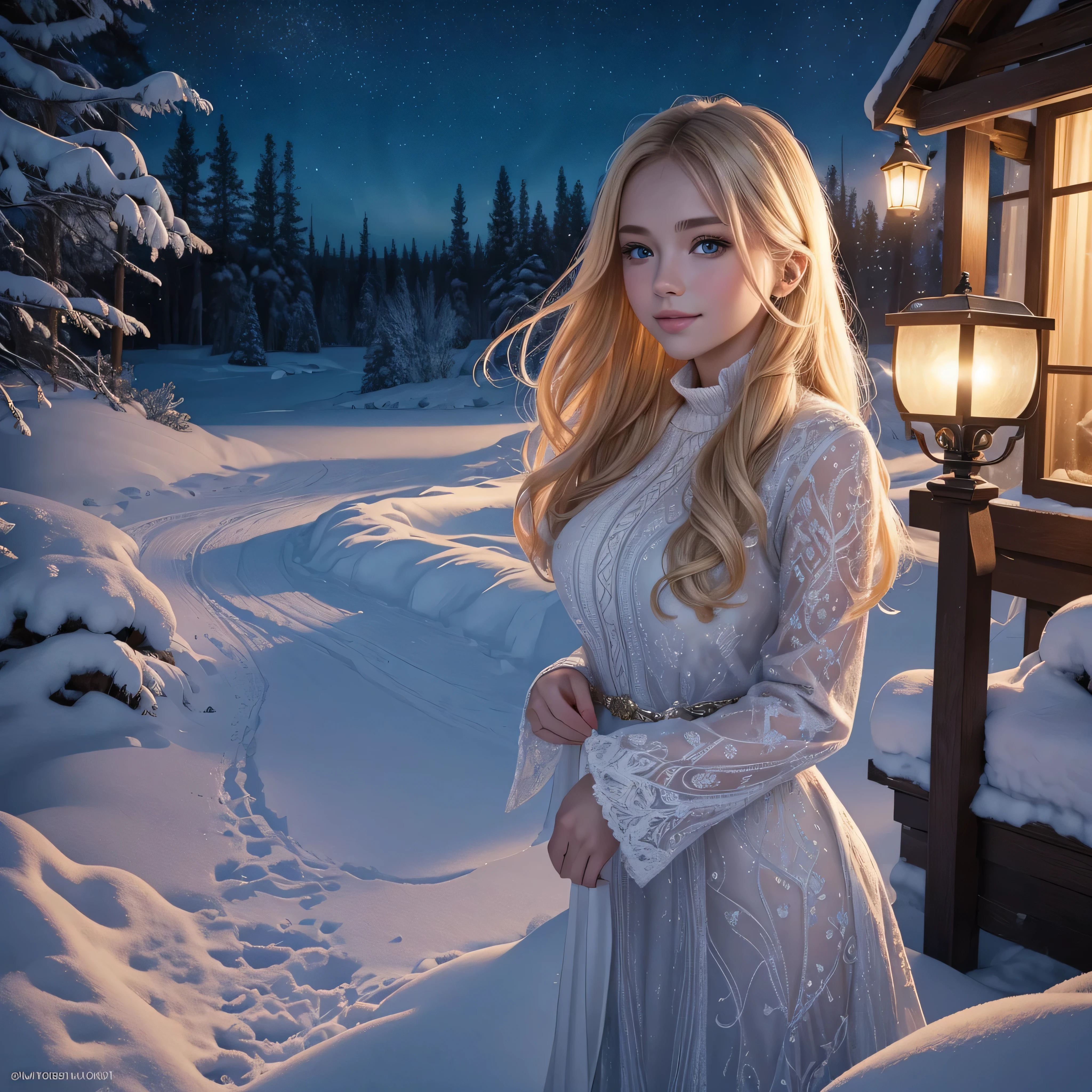 Ultra hot beautiful European blonde, pretending to be December'your girlfriend, age 23, she's a man'Journal model, flirts with the camera, with mesmerizing eyes, juicy lips, and a charming smile. She'It is surrounded by a frozen garden, winter starry night, northern lights, Creating a scenic scene. Woman in glamorous outfit, which emphasizes the shape and gives the composition a touch of elegance... The decoration is made in a realistic style, with exceptional attention to detail, demonstration of intricate patterns on a girl'dress and texture of frozen garden foliage.. The colors are bright and saturated, with a warm color palette, creating a cozy winter atmosphere. The lighting is soft and diffused, casting gentle shadows on the girl’s face and emphasizing the beauty of the surroundings. Overall image quality meets the highest standards., with ultra-detailed rendering and sharp focus. It's a masterpiece, conveying the essence of the charm and beauty of December..