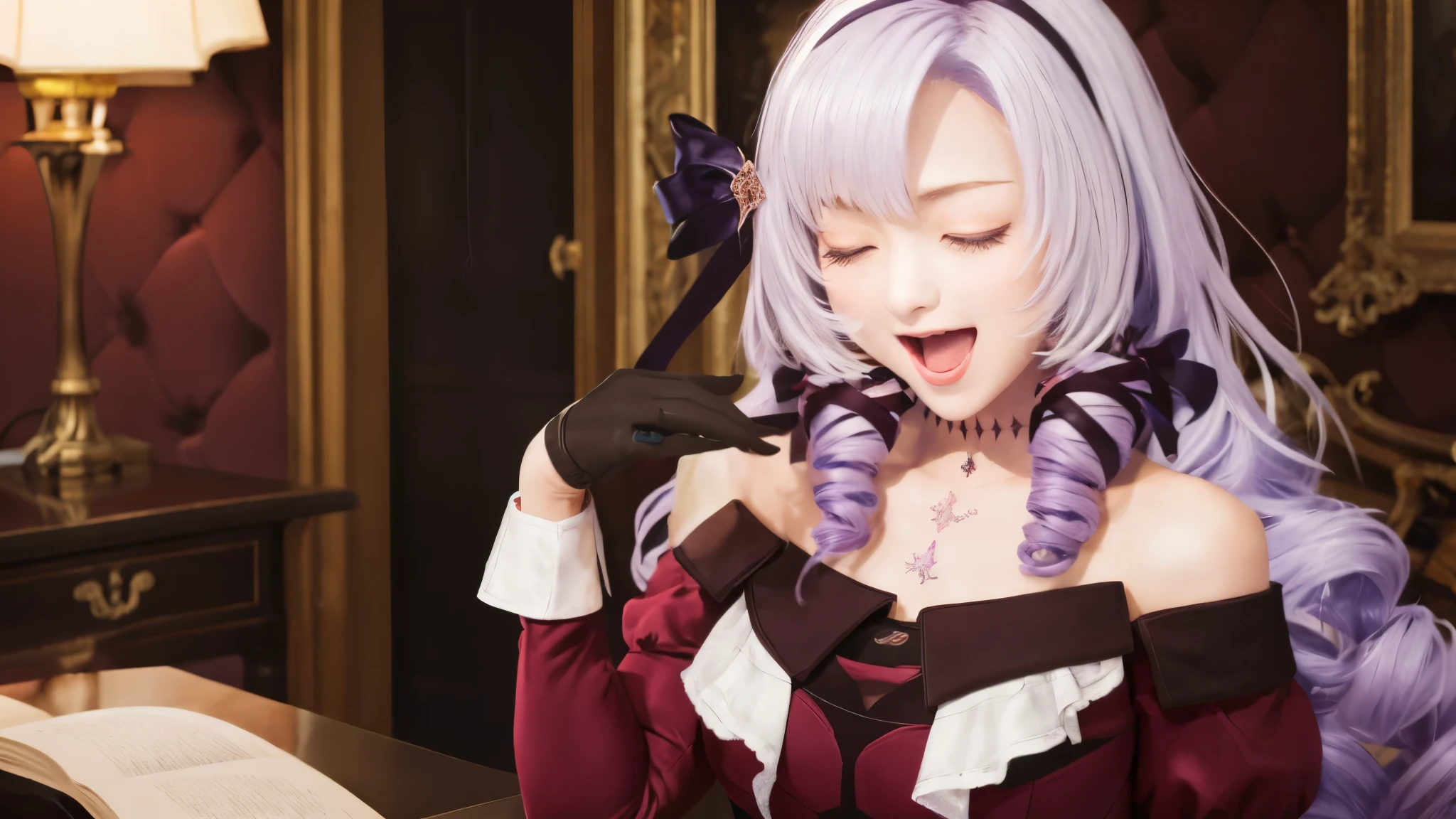 highest quality, 8K, Super detailed, photorealistic, Hyakuman Tenbara Salome, (1 girl:1.3), gloves, long sleeve, Alternative Breast Sizes, purple hair, chest tattoo, (open your mouth:1.3), red dress, choker, ribbon, (burst into laughter:1.1), black gloves, drill hair, off shoulder, cleavage, hair ribbon, close your eyes, off-shoulder dress, 1 girl, alone, bare shoulders, dress, huge breasts, tattoo, clavicle, long hair, hair band, mansion room background, sit on antique furniture, Touching hair, Japanese face, 