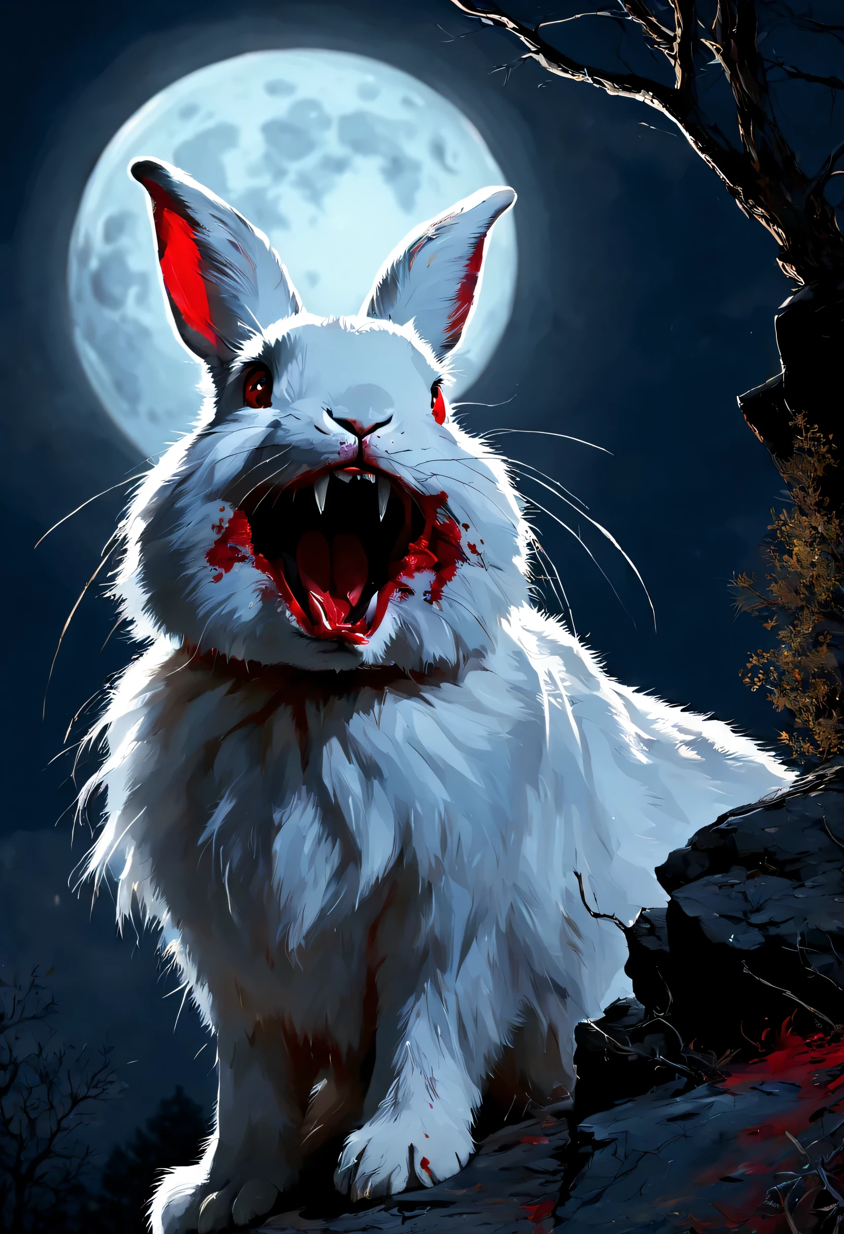 White fluffy rabbit, (((Long fangs))), (muzzle smeared with red paint), bathed in moonlight, looking at the glowing full moon, side view, he looks up, On the edge of a cliff, wooded hill, A magical night, strange, dreamy, Amazing, perfect anatomy, Perfect composition, ((Golden ratio)) Art Mschiffer, Gabriele Dell'Otto,