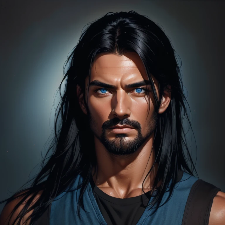 (a man with obsidian black hair, he wears it long down to his shoulders),(attractive steel blue eyes, conveying a captivating gaze),(oil painting),(highres, ultra-detailed),(vivid colors),(portrait),(warm color tone),(soft and warm lighting) muy hermoso