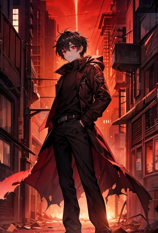 in a destroyed city,Boy's eyes are red,Whole body surrounded by red light,Blackened,
