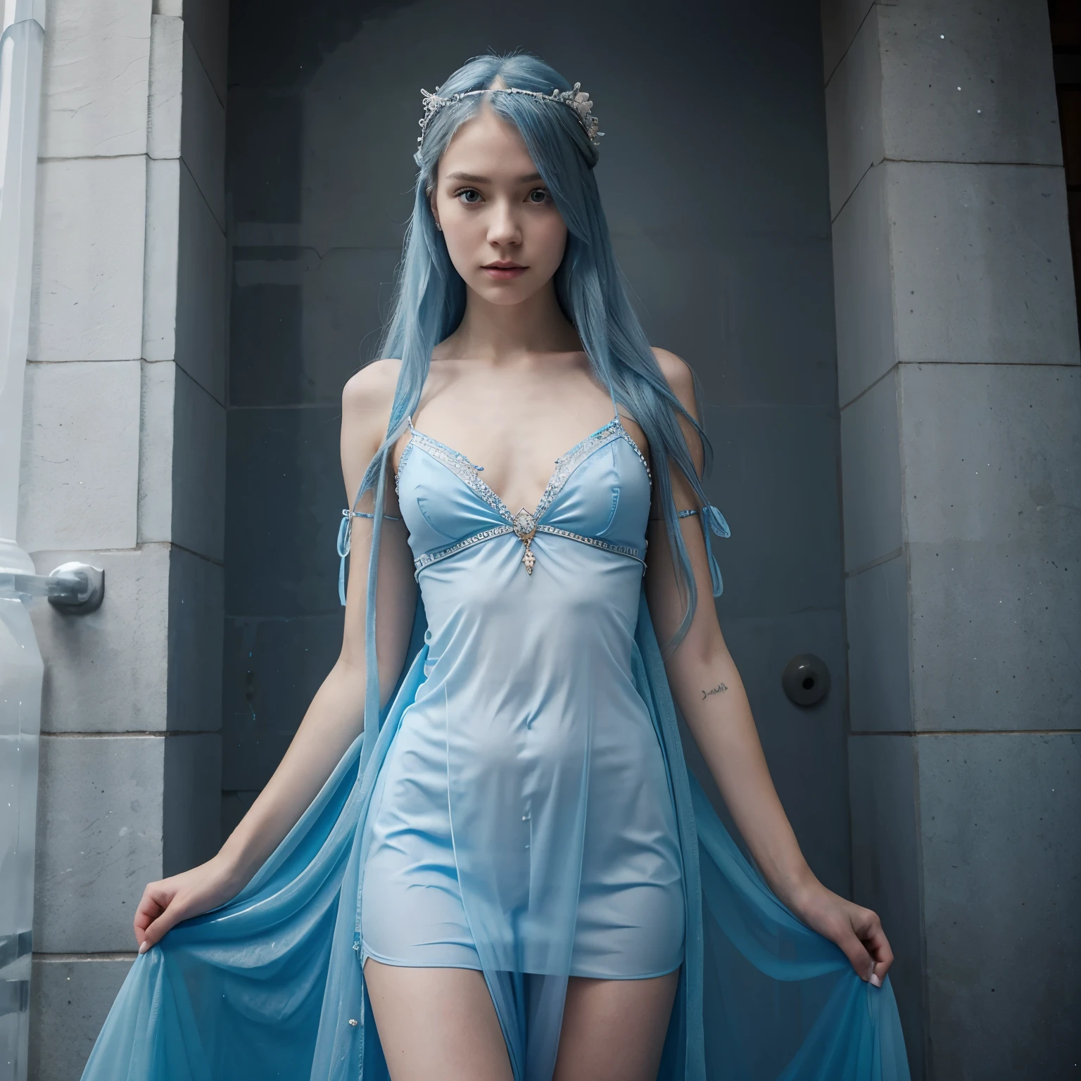 Ice princess, blue dress, see through dress, ice crown on head, , long blue hair, feet, skinny, no bra, blue belly piercing, Swedish