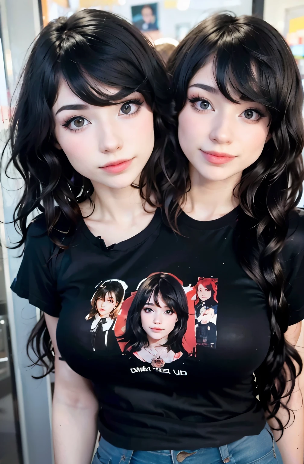  8k,highres, 1girl, (two_heads:1.2), indoors, looking at the viewer, wearing a black t-shirt and jeans, long hair, bangs, wavy hair, upper body, portrait