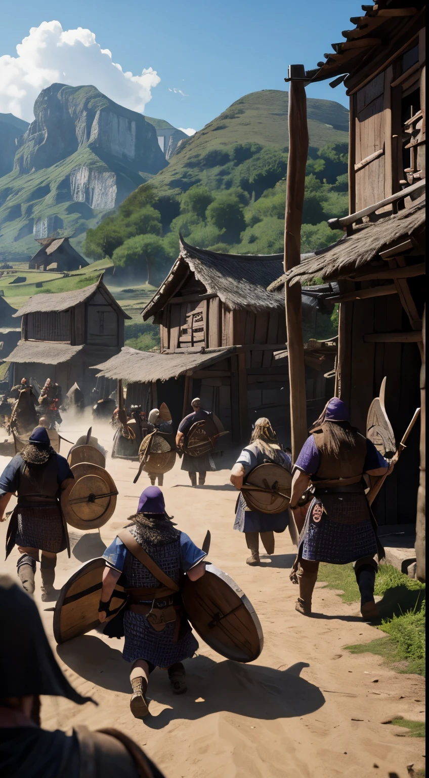 Vikings raiding villages, looting and destroying