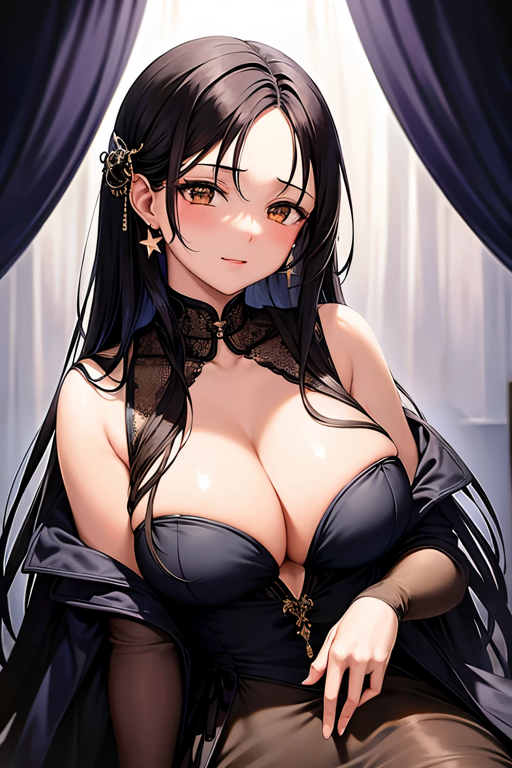 In the stillness of the night, under the vast expanse of the starry sky, a solitary figure sits alone, lost in thought. The silhouette of a girl, with long, cascading black hair and bangs that cover her eyes, is illuminated by the soft natural light filtering through the curtains of her bedroom window. Her red ribbon and star necklace dangle from her waterfall braid, a poignant reminder of happier times.
As she gazes into the inky darkness, her chest heaves with quiet sobs. Her brown eyes, brimming with tears, are filled with a deep sense of sadness and despair. The open mouth of the girl