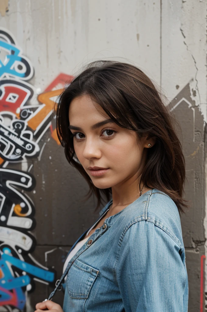 Standing against the wall,graffiti wall, beautiful pose, fashionably dressed, small bag in hand, High quality, super realistic, full length, Looking Up