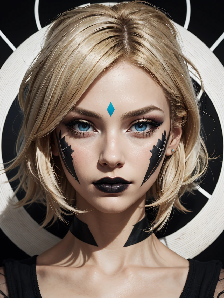 an abstract image of a beautiful blonde Scandinavian girl with colorful make up, colorful hair, centered around geometric shapes and patterns, black an white