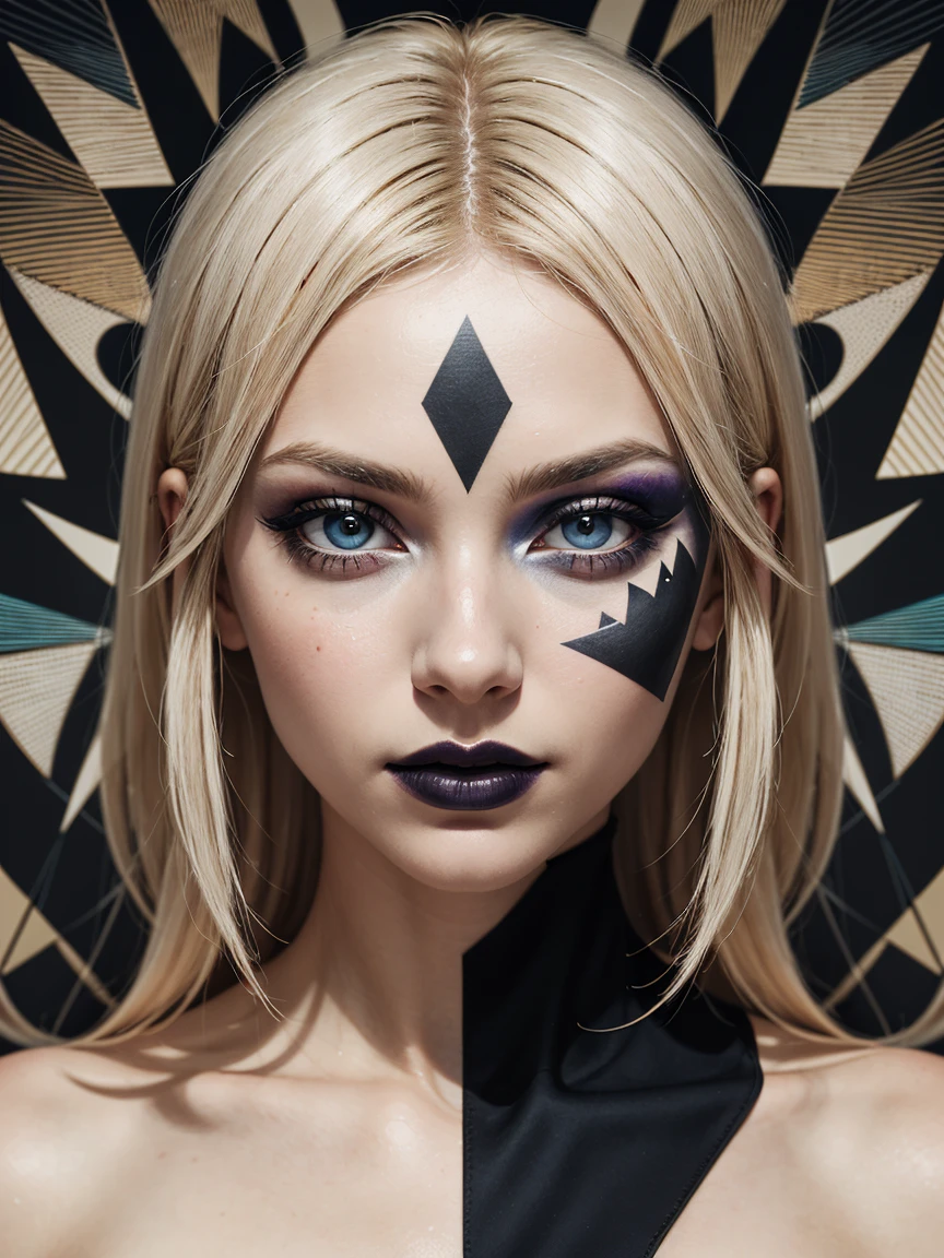 an abstract image of a beautiful blonde Scandinavian girl with colorful make up, colorful hair, centered around geometric shapes and patterns, black an white