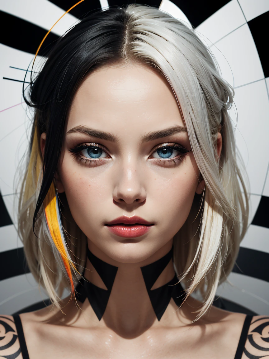 an abstract image of a beautiful blonde Scandinavian girl with colorful make up, colorful hair, centered around geometric shapes and patterns, black an white
