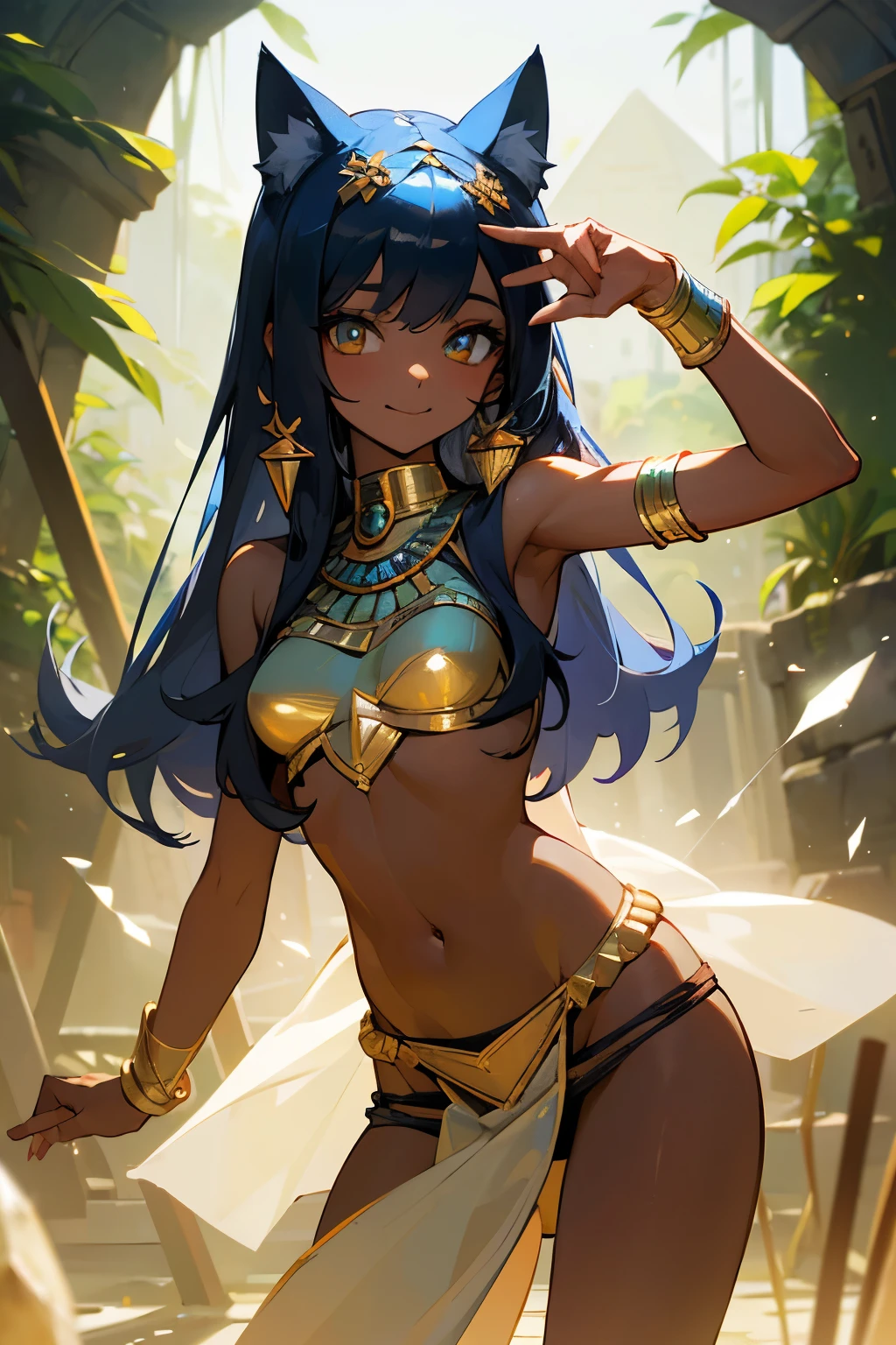 ((Masterpiece)), ((best quality)), Very pretty Egyptian girl, smiling, cute eyes, (put on cat ears), cool pose, crystal Ornaments, light particles, (trival loincloth), dark skin, worried girl, cute world, really happy, ancient ruined overgrown, exposed naked stomach