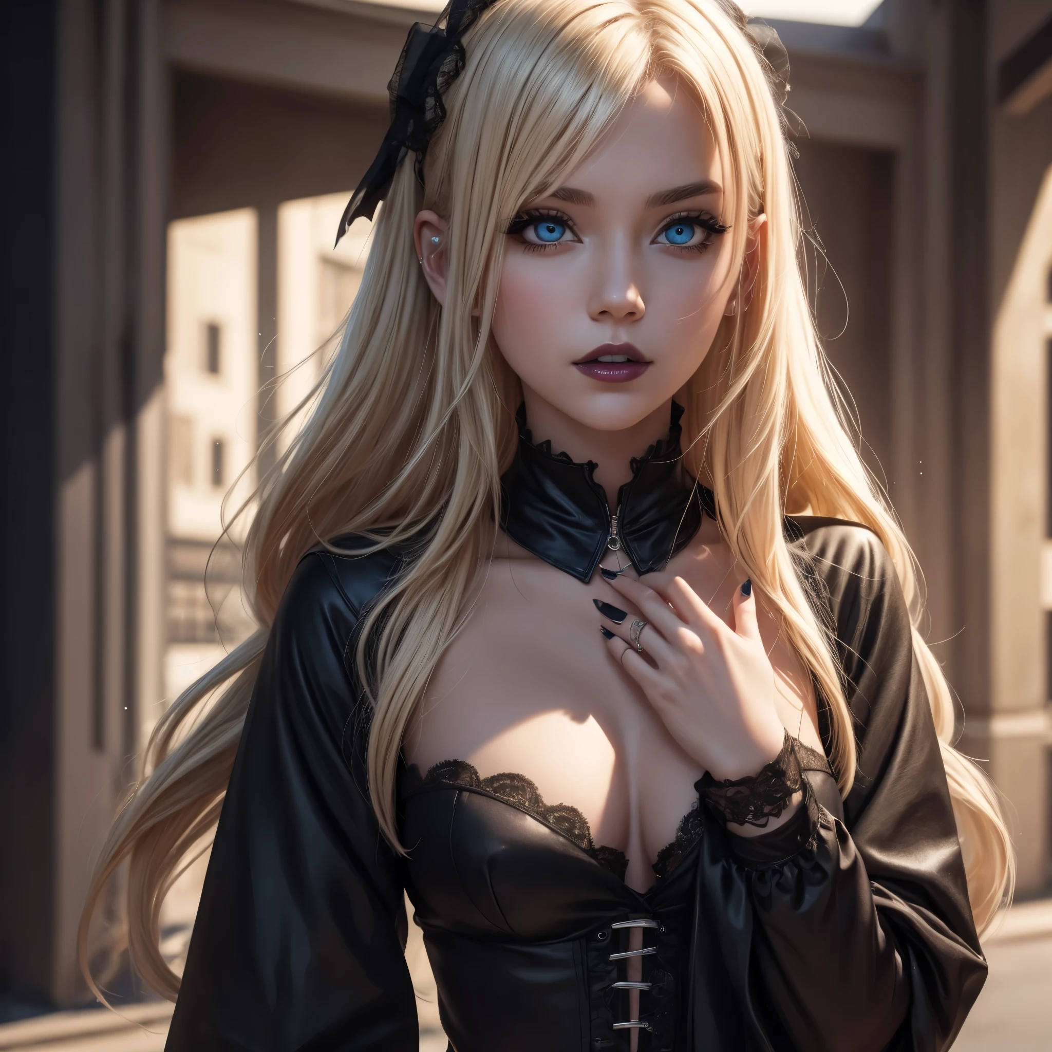 (best quality,4k,8k,highres,masterpiece:1.2),ultra-detailed, Bleach blond college goth girl, Alexa, dark eyeshadow, dark lipstick, dark fingernails, hanging out on campus, HDR, 8k, absurdres, cinestill 800, sharp focus, add_detail:2 (1woman, solo)