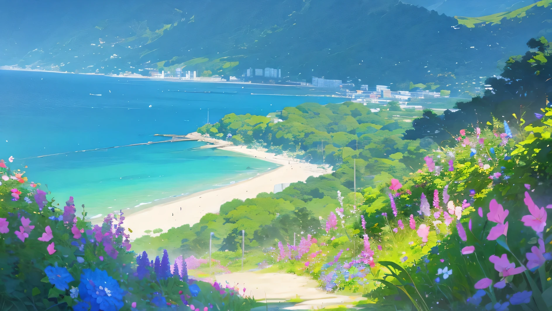 illustration of a beach with flowers and a cliff in the background, beautiful wallpaper, flowers sea everywhere 10 am