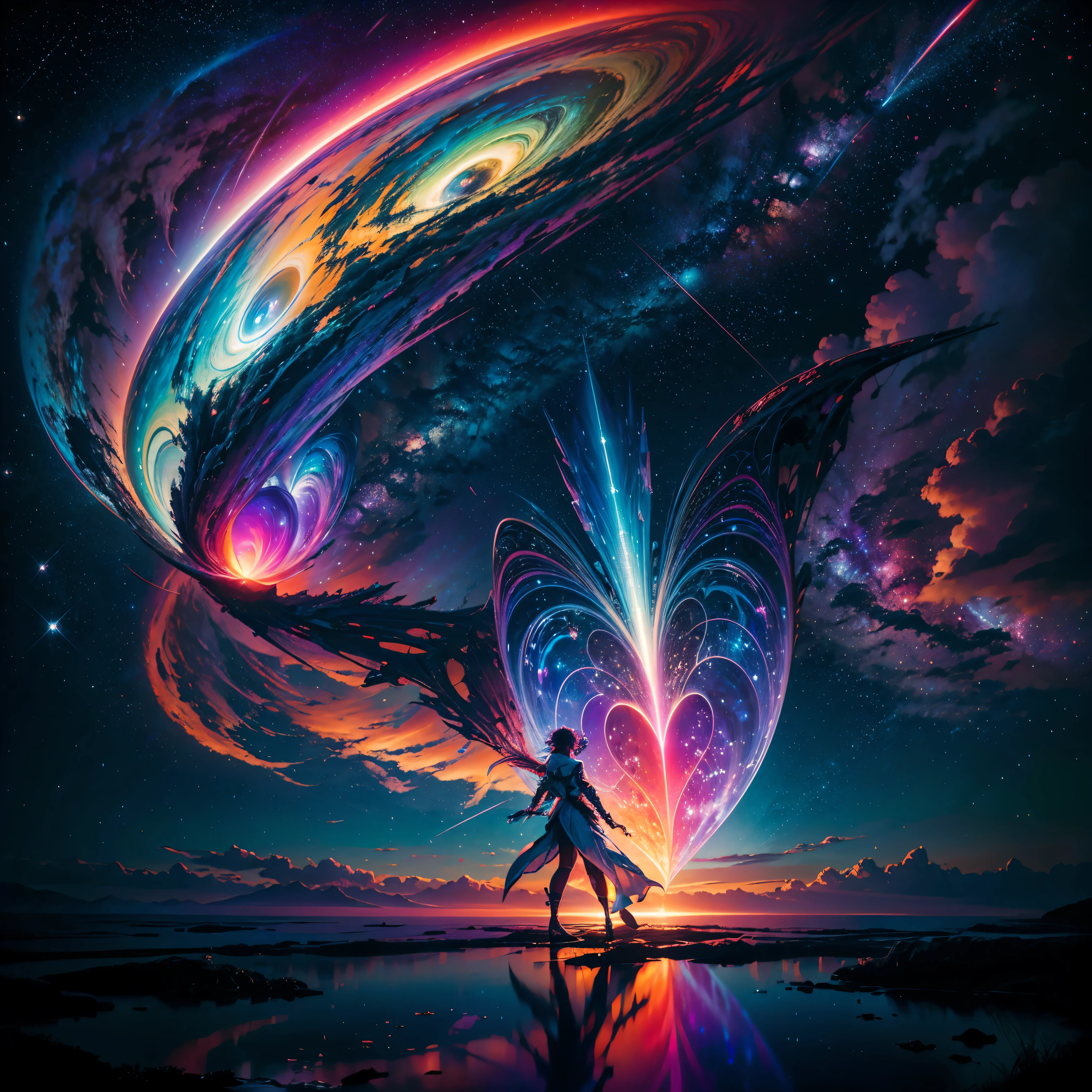 Hyper Vibrant Nebulae Octans by_Mappa Spacious Starry_sky Borealis ((🎈Sunset epic sunshine parabolic sunrise Rain_Color Colorful_liquid_on_naked_body:1.3 Colorful_body Colorful_ink_on_hair:1.2 Rainbow Abundant_colorful_liquids White_liquid fullbodye wet_Color_liquid)) In the vast expanse of the cosmos, a breathtaking image unfolds before your eyes. In the heart of a starry galaxy, vibrant nebula dance and swirl, their ethereal colors blending and intertwining. The scene is a symphony of cosmic beauty, with tendrils of interstellar dust and gas reaching out into the void. The stars shine with an otherworldly brilliance, illuminating the cosmic tapestry that stretches across the vastness of space. It is a visual feast for the senses, an awe-inspiring glimpse into the wonders of the universe. BREAK,Detailed,Realistic, highly detailed digital art,octane render, bioluminescent, BREAK,by Mappa studios,masterpiece,best quality,official art,illustration,ligne claire,(cool_color),perfect composition,absurdres, fantasy,focused,rule of thirds masterpiece meticulously intricate 🎠deep path equirectangular🎡 eiffel ultra_high-details extreme improved ultra_high-quality ultra_high-res ultra_photo-realistic optimal ultra_sharpness perfection accurate volumetric SunLight Lightning_contrast global_illumination cgi vfx sfx reflex Octane_rendered ultra_high-def UHD XT3 DSLR HDR romm rgb pbr 3dcg fxaa blu-ray vivid colors-coded anti-aliasing fkaa txaa rtx ssao opengl-shaders glsl-shaders post-processing post-production cell-shading tone-mapping ❤luminescence 😘glow 👩Heart hearth Crystalline butterfly earth invoke monarch magic fleuraison monster monstrous creature sundrop slide onyx summon transparent ruby Earth hearth bloom flash Tourmaline opal strange glow hole reflection varies multi etc. --s 1000 --c 20 --q 20 --chaos 100