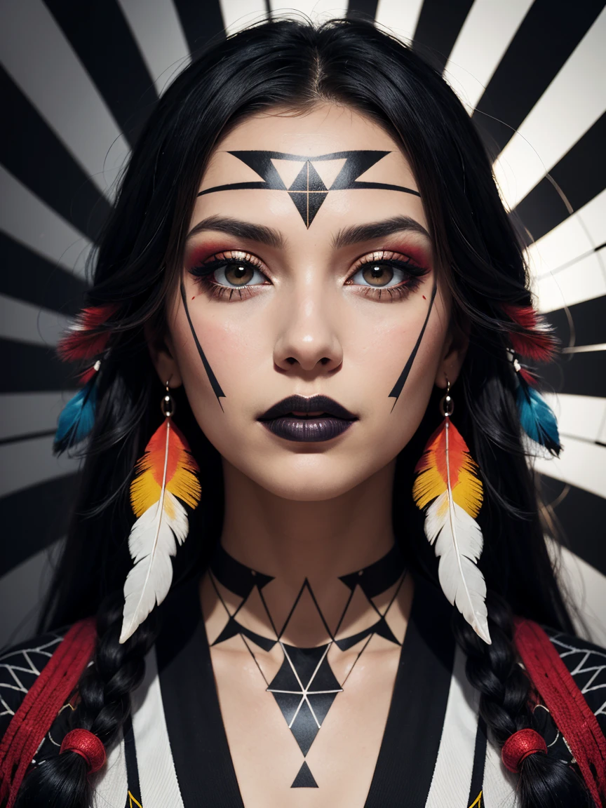 an abstract image of a beautiful native American girl with colorful make up, colorful hair, centered around geometric shapes and patterns, black an white