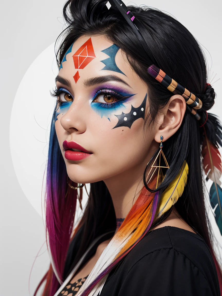 an abstract image of a beautiful native American girl with colorful make up, colorful hair, centered around geometric shapes and patterns, black an white