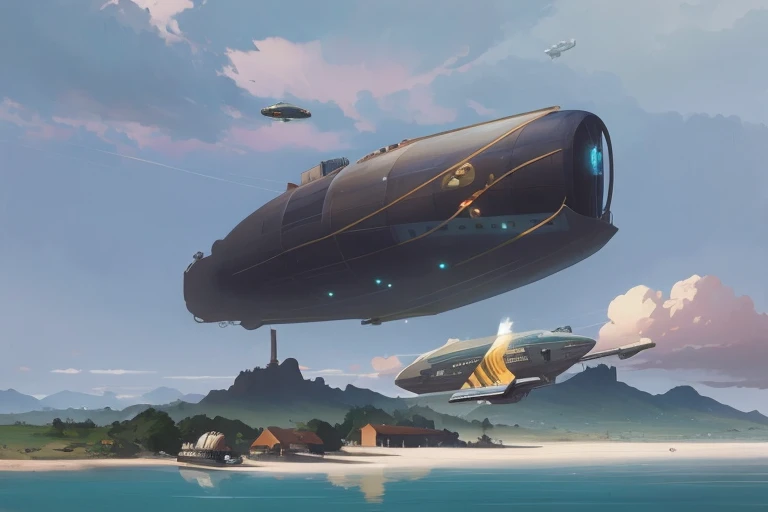 A large black object flies over the beach, airship in the sky, airship, giant airships in the sky, flying airships, wlop and rhads, airships, Nier Automata Spaceship Style, official Conceptual art, Levitating agricultural sphere, Conceptual art | rhads, android jones and rhads, Floating lands in the clouds
