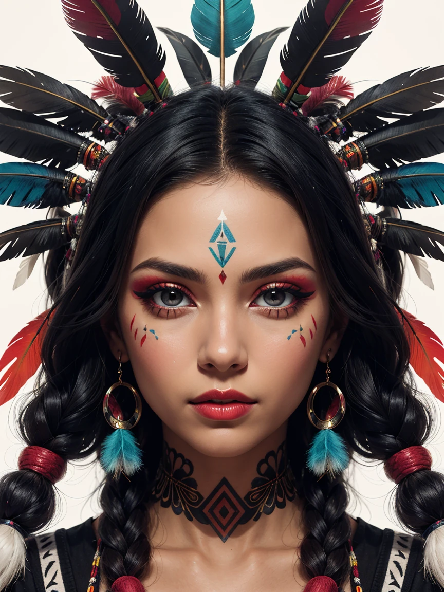 an abstract image of a beautiful native American girl with colorful make up, colorful hair, centered around ancestral nshapes and patterns,