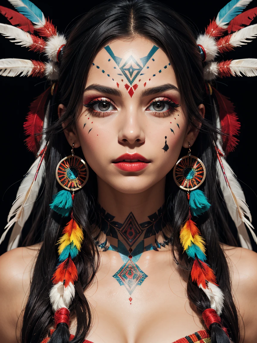 an abstract image of a beautiful native American girl with colorful make up, colorful hair, centered around ancestral nshapes and patterns,