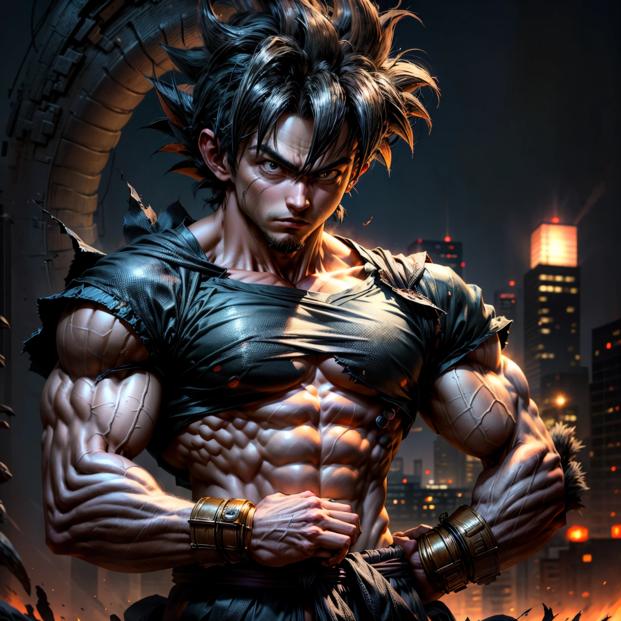 Goku from Dragon Ball, Cuerpo musculoso y detallado, Solo mostrar la parte superior de su cuerpo, Realistic version, Fondo de una ciudad destruida, Alta Calidad.