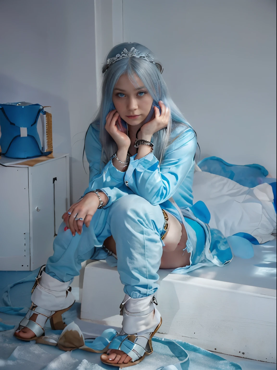 Ice princess, swedish, , long light blue hair, ice crown on head, royalty, blue eyes, ankle bracelet