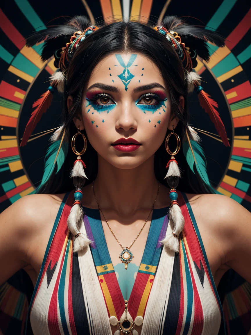 a highly abstract image of a beautiful native American girl with colorful make up, colorful hair, centered around ancestral shapes and patterns,