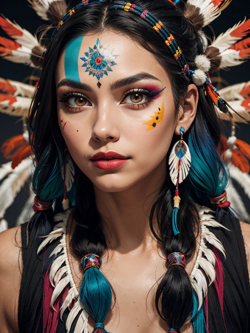 a highly abstract image of a beautiful native American girl with colorful make up, colorful hair, centered around ancestral shapes and patterns,