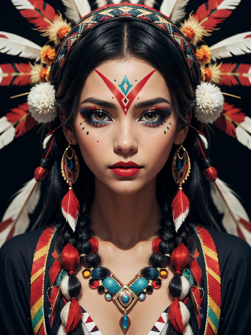 a highly abstract image of a beautiful native American girl with colorful make up, colorful hair, centered around ancestral shapes and patterns, 