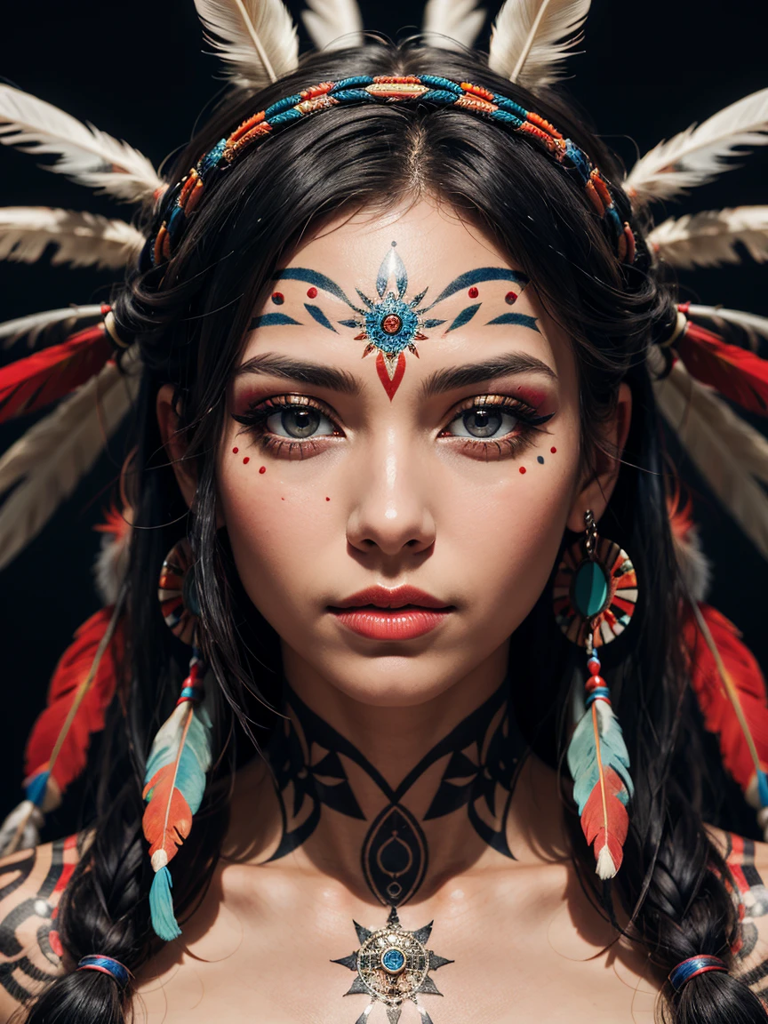 a highly abstract image of a beautiful naked native American girl with colorful make up, colorful hair, centered around ancestral shapes and patterns, 