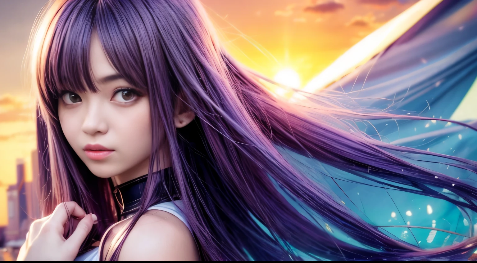 anime girl with long purple hair and pink gloves, anime manga robot!! anime Girl, fan art marin kitagawa, (anime Girl), anime Moe Art Style, anime Style, anime Best Girl, anime !!!!!!!!!!!!!!!, Arte Zero Chan, anime Girl, Cute anime Manga Style, anime Art Style, Cute anime Girl [I don't think so Ko], Yokoyari Mengo, Idol singer, blue sky, sunset
