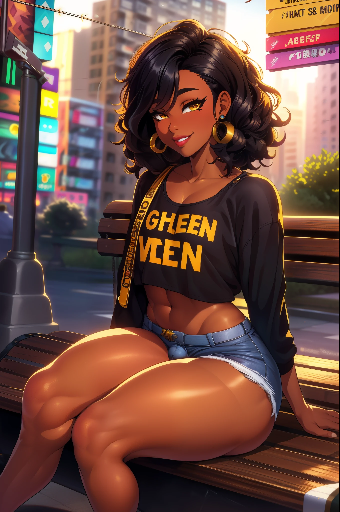 (extremely detailed CG unity 4k wallpaper),(masterpiece),(best quality),(ultra-detailed),(best illustration),(best shadow),(absurdres),(detailed background) femboy, cute, taking a selfie, soft body, brown eyes, black skin, African-american, long curly black hair, Daisy dukes, supreme blouse, Jordan sneakers,  thick thighs, big ass, flat chest, bulge, black eyeliner, gold color lipstick, Smile, New york City brooklyn background, sitting on a bench, wall with graffiti in the background