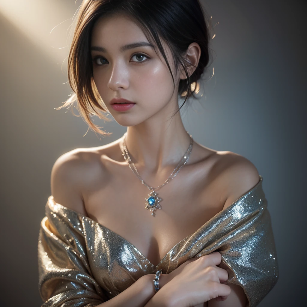 best quality, masterpiece, beautiful and aesthetic, 16K, (HDR:1.4), high contrast, (vibrant color:0.5), (muted colors, dim colors, soothing tones:1.3), Exquisite details and textures, cinematic shot, Cold tone, (Dark and intense:1.2), wide shot, by playai, ultra realistic illustration, siena natural ratio, half body view, short colorful pixie-cut with undercut, no_clothes nude naked, a beautiful Argentine girl, beautiful shimmering makeup, frosty lips, icy eyeshadow, a sapphire necklace, bracelet, juicy lips, Long Eyelashes, Hourglass body, thin waist, wide hips, ultra hd, realistic, vivid colors, highly detailed, UHD drawing, pen and ink, perfect composition, beautiful detailed intricate insanely detailed octane render trending on artstation, 8k artistic photography, photorealistic concept art, soft natural volumetric cinematic perfect light
