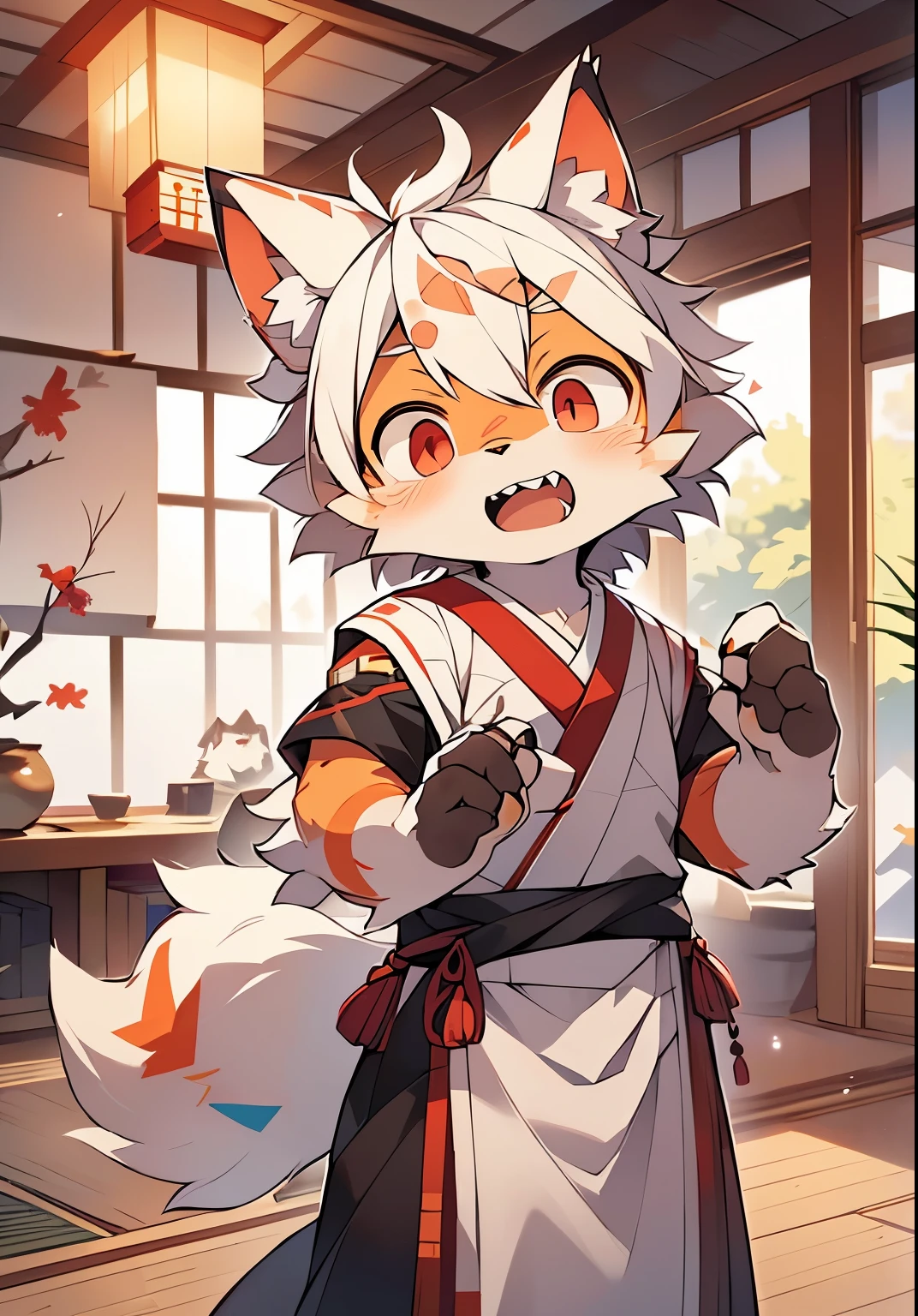 (The environment is dark:0.8),masterpiece,high quality,abstract research,number\(artwork\), by dagashi, Yes,Kiyoyama,(Hana charcoalo,fluffy fur,Character focus:1.1),Hana charcoalo male cat,short hair,portrait , Eyes are bright, panoramic, Character focus.(Detailed background:0.7), Children,solo, hairy, hairy male, male focus, Hana charcoal,(全身hairy的, hairy的尾巴, white fur, red eyes, white hair:1.2), (((long canine teeth、Japanese culture、Tattoos are:1.2))),(Interior design、night、torii:1.1)
