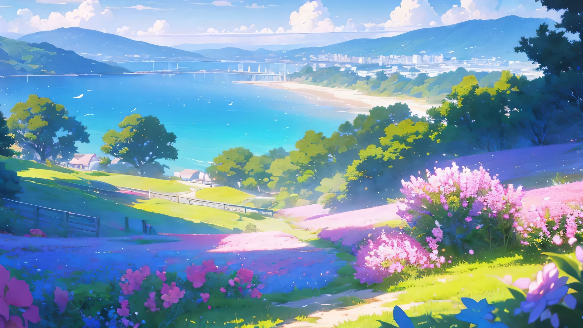 illustration of a beach with flowers and a cliff in the background, beautiful wallpaper, flowers sea everywhere, ross tran. scenic background, beach landscape, beautiful art uhd 4 k, anime beautiful peace scene, beautiful beach, beautiful anime scenery, scenery artwork, beautiful anime scene, amazing wallpaper, magnificent background, rhads and thomas kinkade, scenery wallpaper, beautiful scenery small city