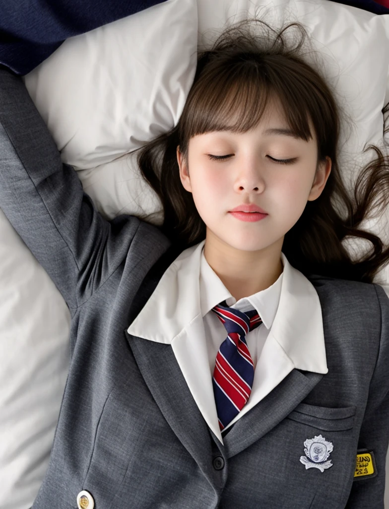 (masterpiece:1.2), Japanese, (18 years old), (a girl), hair bun, slender body, ((school uniform)), collared shirt, (closed eyes), (opened mouth wide), (lying on her back to a bed), bow tie, 