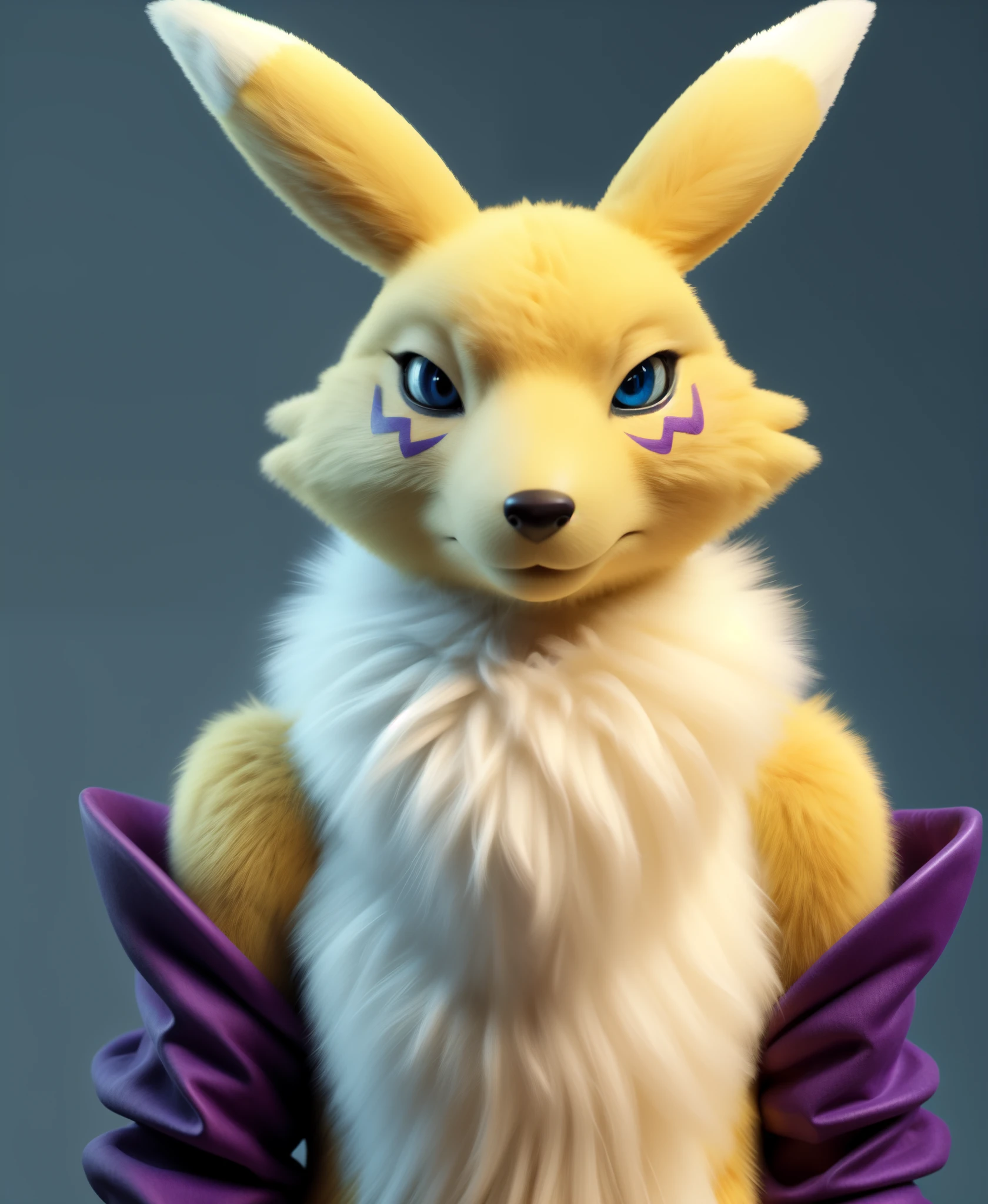 real e621, photorealistic, masterpiece, renamon_(digimon), looking at viewer, sharp blue eyes, full body portrait, purple sleeves,