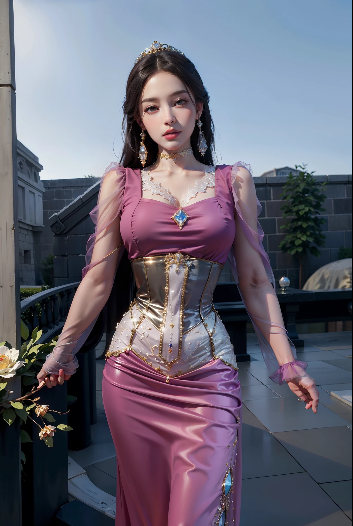 Royal sister，exquisite eyes，Detailed text，tall figure，Leg length，4K，HD，，White translucent lace，Fair and plump figure，pretty face，Little cherry mouth，beautiful and delicious（3D royal sister)，Gorgeous dress encrusted with gemstones crystal gold diamonds，Ice princess wears gorgeous sparkling gemstone dress