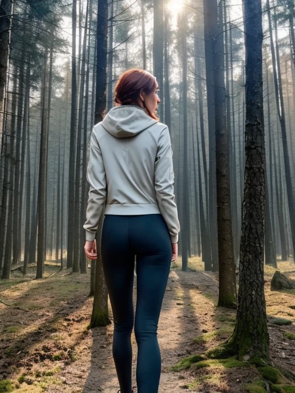 (1 girl in there, Alter19, Allein, Aesthetic work of art, irische Rothaarige, welliges rotes Haar, shoulder length reddish hair, hellgraue Augen, einige kleine Sommersprossen, blasse Haut, Eine Tasse, small breasts, Runner body, (strukturierte Haut, Hautporen:1.1), (moles:0.8), unvollkommene Haut, Goose flesh, Tragen einer dunkelgrauen Jacke, Tragen von marineblauen Leggings, in a clearing looking at Rocky Berge, Early winter, kein Schnee, Berge, blutiger Hintergrund, (Back to Camera, Wegschauen: 1.25), (Extrem detailliertes 8K-Hintergrundbild), (harte Beleuchtung), Good quality, Filmkorn, Fujifilm XT3 scharfer Fokus, f 5.6, 50mm, Hohe Detailgenauigkeit, scharfer Fokus, (natural light), crazy details, Komplexe Details, hyperdetailliert