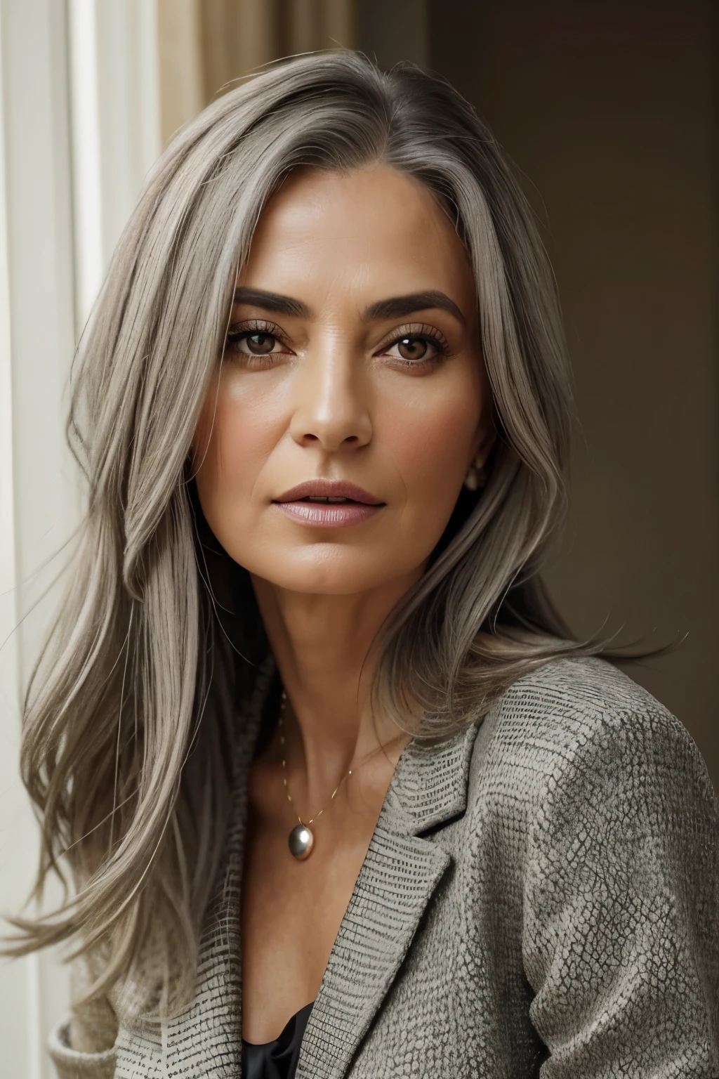 50 year old beautiful woman with grey long voluminous hair adorned with avocado pieces, immersed in an HD, 8k, photo-realistic image. Her expressive eyes tell a story of wisdom and grace, with fine lines around them adding to her charm. The avocado pieces subtly accentuate her lustrous hair, creating a unique and playful texture. Her outfit is elegant and timeless, exuding sophistication and confidence. The high-definition image captures every detail, from the wrinkles around her eyes to the intricate pattern of her clothing. A truly stunning and realistic portrait of aging beauty.