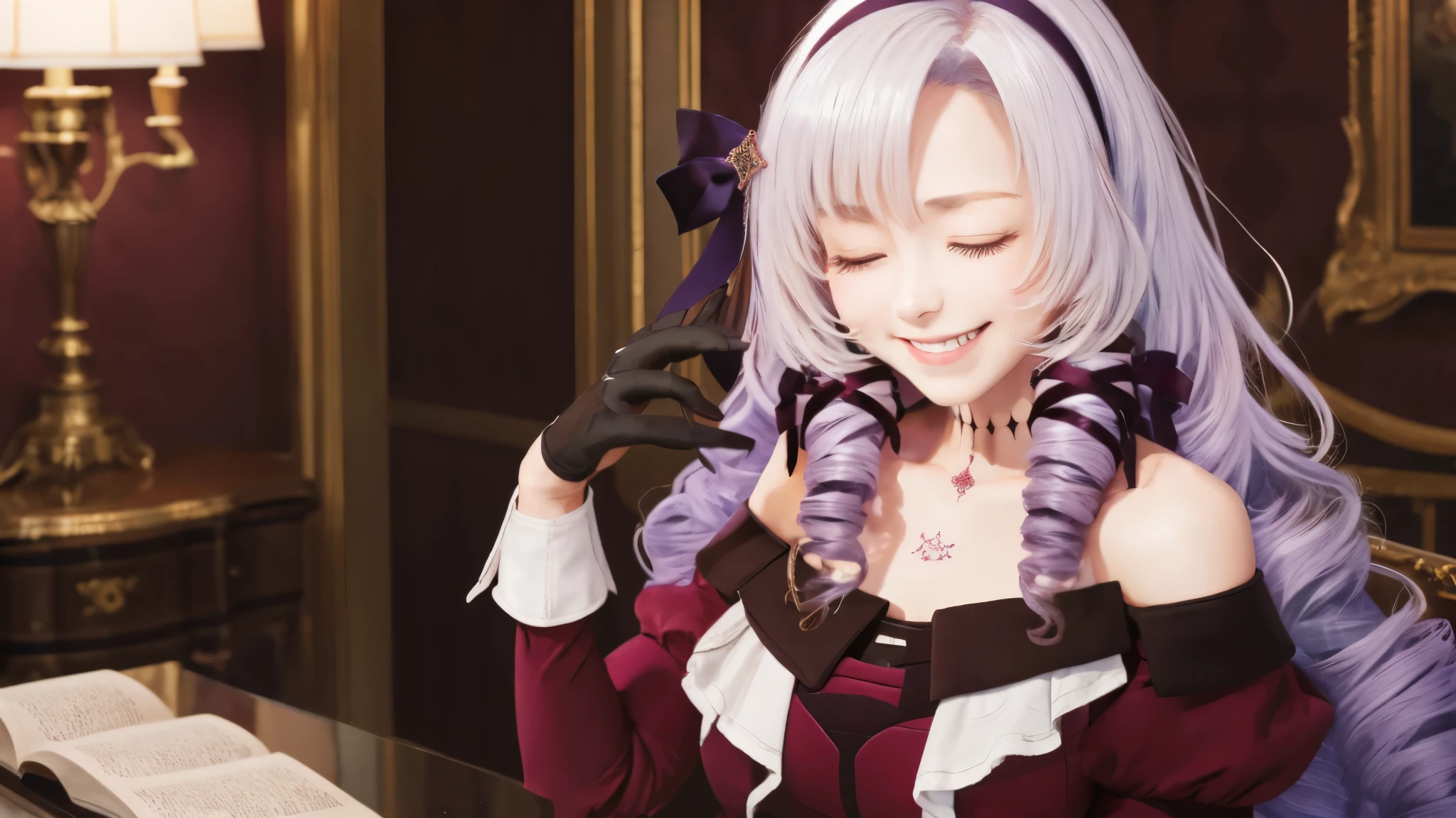 highest quality, 8K, Super detailed, realistic, Hyakumantenbara Salome, (1 girl:1.3), gloves, long sleeve, Alternative Breast Sizes, purple hair, chest tattoo, (open your mouth:1.2), red dress, choker, ribbon, (gush:1.1), black gloves, drill hair, off shoulder, cleavage, hair ribbon, (close your eyes and laugh:1.3), Smiling eyes, off-shoulder dress, 1 girl, alone, bare shoulders, dress, huge breasts, tattoo, clavicle, long hair, hair band, mansion room background, sit on antique furniture, Touching the hair, Japanese face, ************