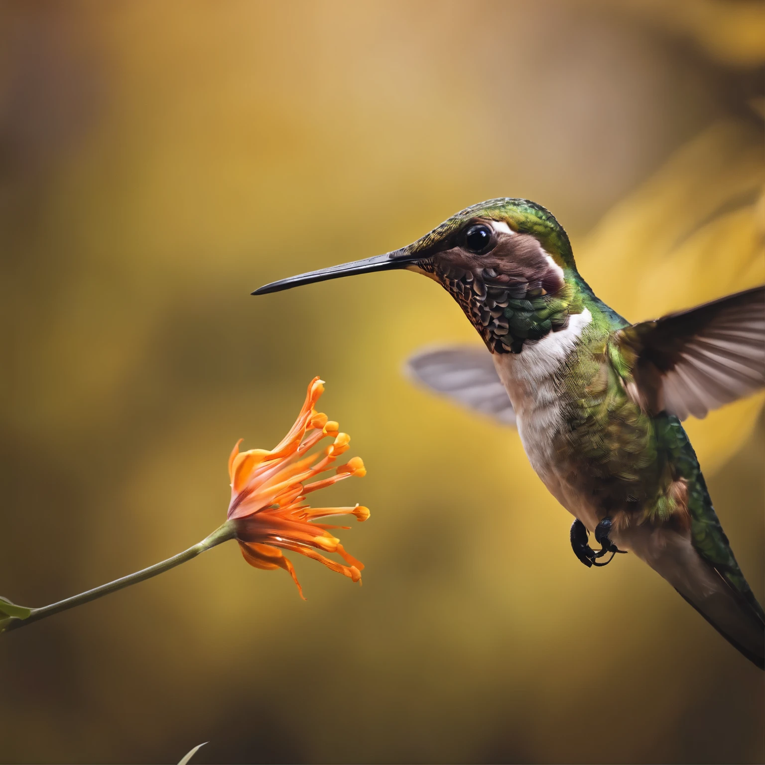 Ultra realistic hummingbird hovering near a flower