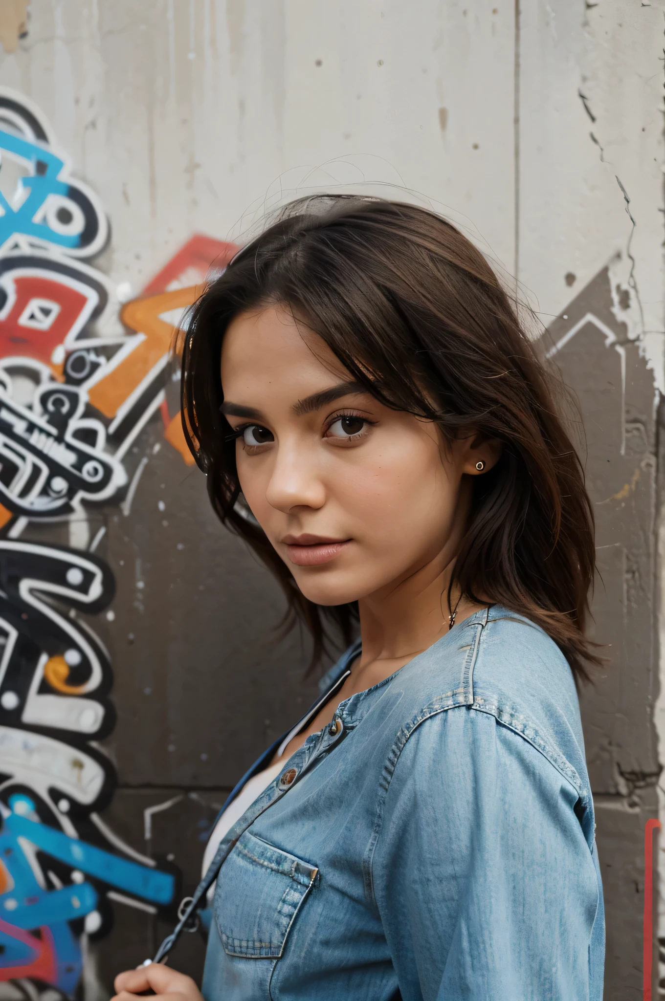 standing against the wall,graffiti on the wall, beautiful pose, fashionably dressed, small bag in hand, High quality, super realistic, Full Length, looking up 