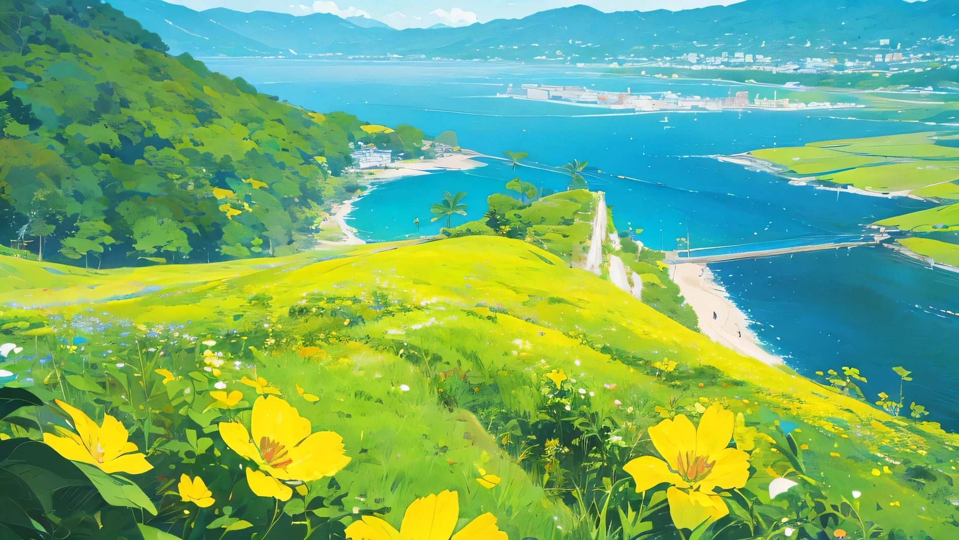 illustration of a beach with flowers and a cliff in the background, beautiful wallpaper, YELLOW flowers sea everywhere 10 am