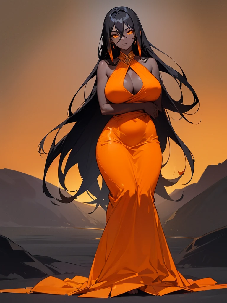 (((Alone Woman))),(((Black Skin))),(((Black hair with orange gradient))),(((serene golden eyes))),(Curvy body),(((Wearing a beautiful long dress))))