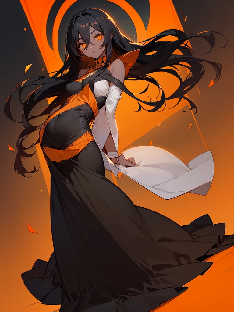 (((Alone Woman))),(((Black Skin))),(((Black hair with orange gradient))),(((serene golden eyes))),(Curvy body),(((Wearing a beautiful long dress))))