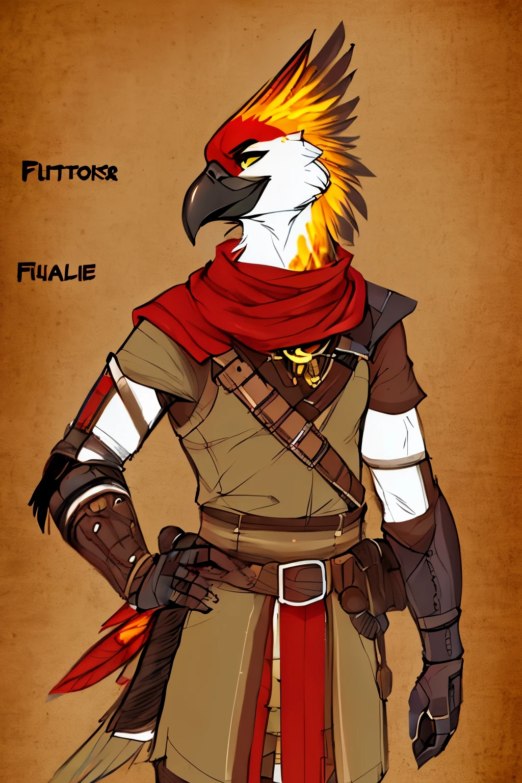 (Masterpiece, high res), male anthro avian, colorful feathers, adventurer, flat color, by fluff-Kevlar, colored, neat coloring 