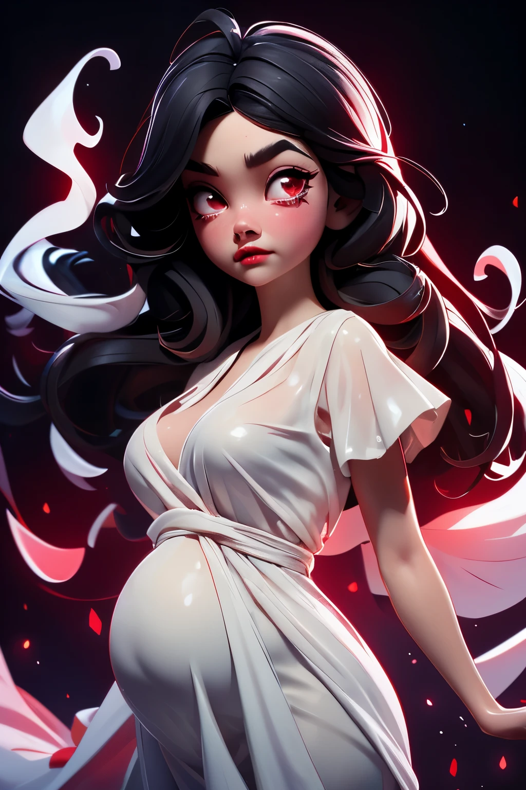 gorgeous pale pregnant ghost bathed in blood (Sarah Hyland), floating in the air, wearing only a short transparent shroud, long black hair, red sparkling almond eyes, sad facial expression, Tears, flesh red lips, bushy thick eyebrows , whole body, fog, soft light, backlight