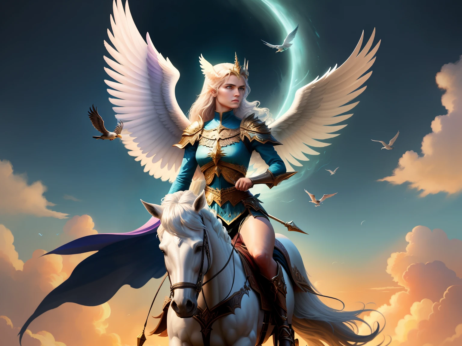 there is a woman riding a horse with a bird flying above, fantasia arte behance, woman riding a flying unicorn, garota anjo cavaleiro, artgerm julie bell beeple, arte de fantasia detalhada, epic fantasy digital art style, epic fantasy art style hd, arte de fantasia de alta qualidade, mystical valkyrie, arte de jogo de cartas de fantasia, as a mystical valkyrie